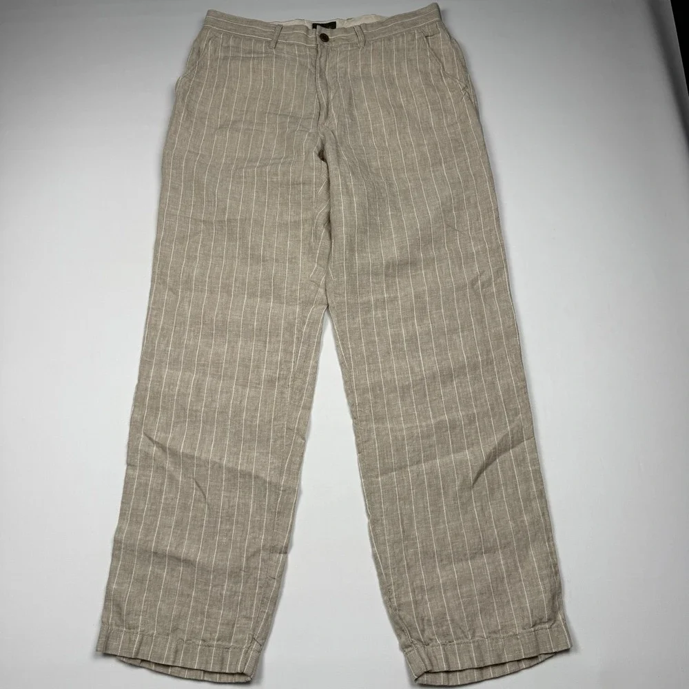 Vintage J.Crew Oarsman Pants Mens 32x30 Beige Linen Stripe Chino Straight Leg